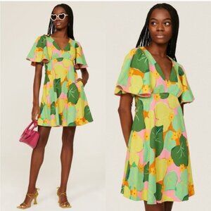 Kate Spade Cucumber Floral Swing Smocked Dress 8 Vneck Tropical Flutter Sleeve